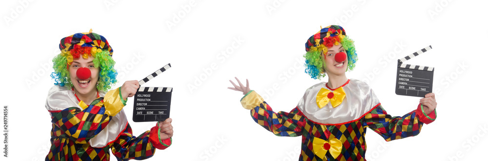 Clown with movie clapper isolated on white