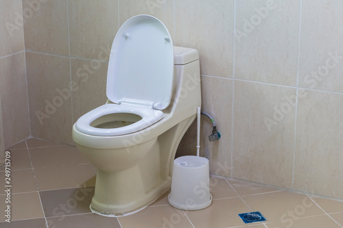 White toilet bowl in the bathroom with dust bin