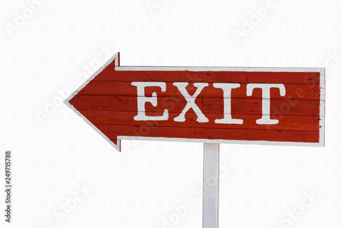 Wooden exit signs isolate on white wall with clipping path