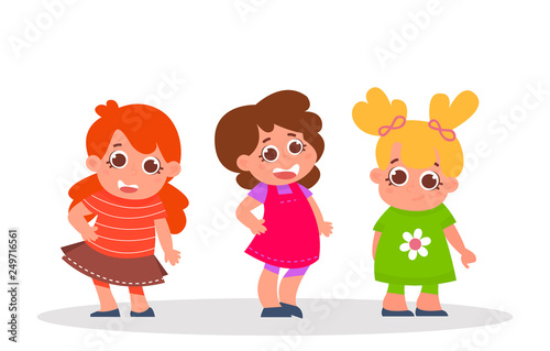 Happy kids set.Three cartoon girls characters isolated on white. Vector Illustration