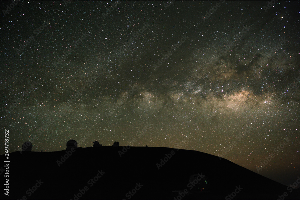 The Milky Way, photographed from Mauna Kea, Hawaii. Telescope domes on ...