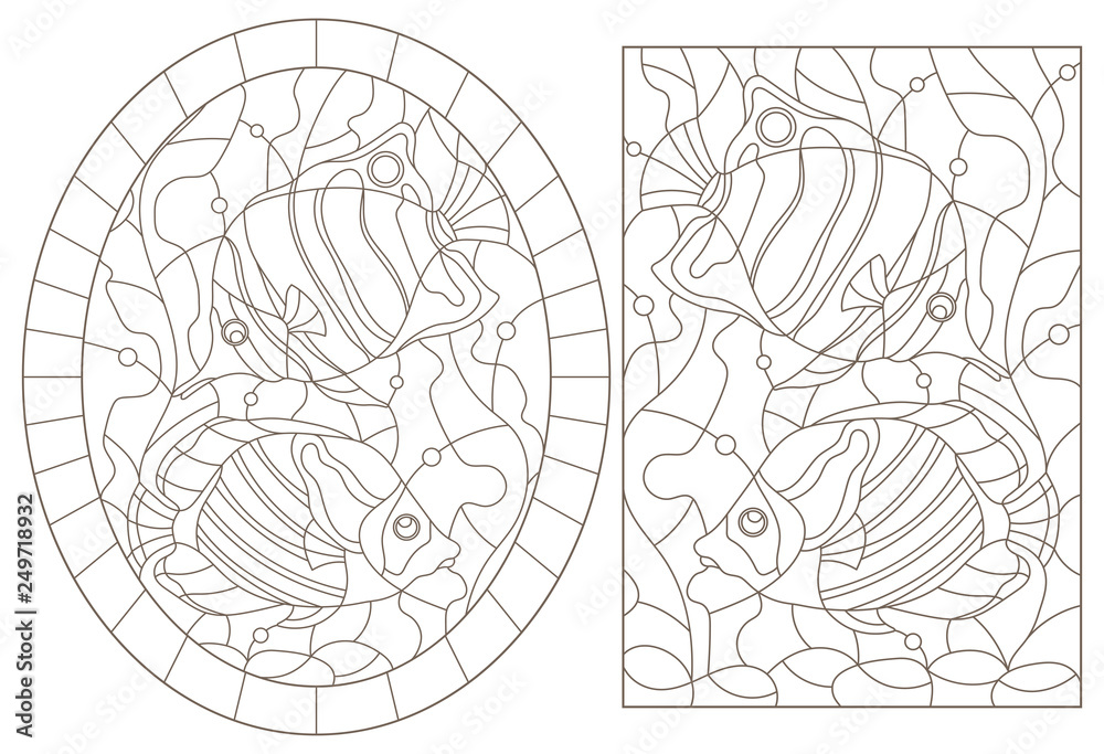 Set of contour illustrations of stained glass Windows with fish on the background of the seabed and algae, dark contours on a white background Set of contour illustrations of stained glass Windows with fish on the background of the seabed and algae, dark contours on a white background