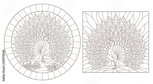 Set of outline illustrations stained glass Windows with peacocks, dark outlines on white background