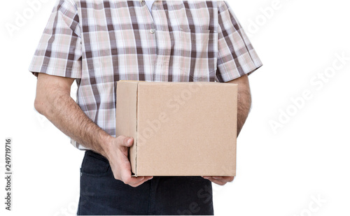 Delivery man holds parcel boxes in white background. Man delivering package.