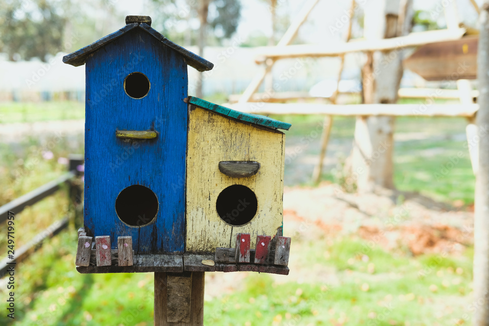 blue yellow wooden bird house home birdhouse