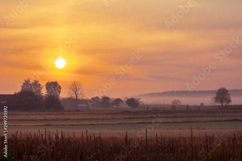 Sunrise in the field in the early misty morning. Rural landscape