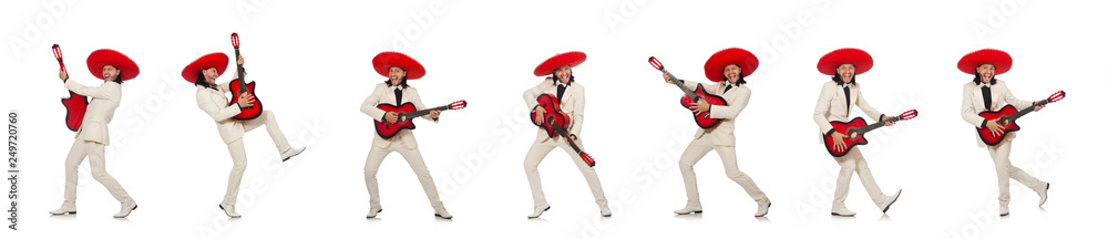 Funny mexican in suit holding guitar isolated on white Funny mexican in suit holding guitar isolated on white