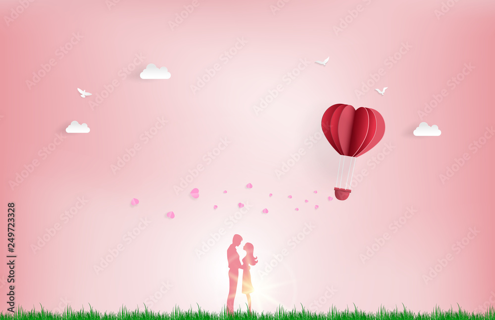 Fototapeta Balloon flying over Cloud with pink heart float on the sky.Illustration of Love and Valentine day,Lovers stand in the meadows , Digital paper craft style.Paper art of pink background.