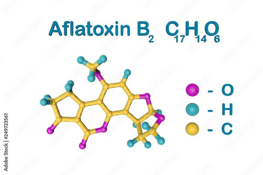 Molecular structure of aflatoxin B2. Atoms are represented as spheres ...