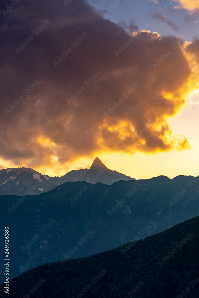 Sunset of Yarigatake from Jonen moutain in the Kita Alps