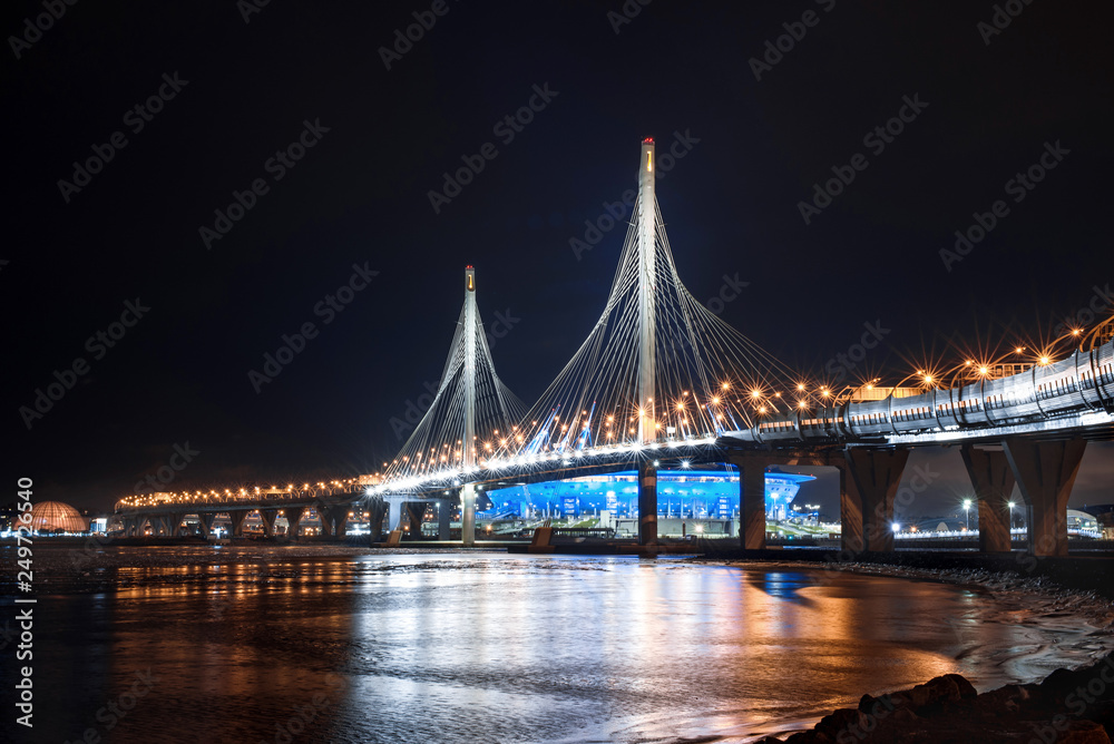 St. Petersburg. View of Krestovsky island, Western High-speed Diameter, New bridge, Lakhta center and stadium. 