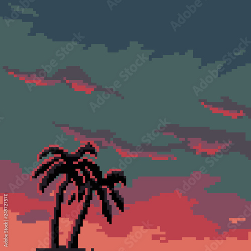 Pixel background futuristic landscape retro style.  Pixel palms. Pixel art. 8 bit