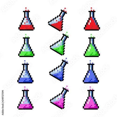 Set of potion bottles phial vial, pixel art style. Pixel bottle of potion for games and websites. Vector isolated. 8 bit