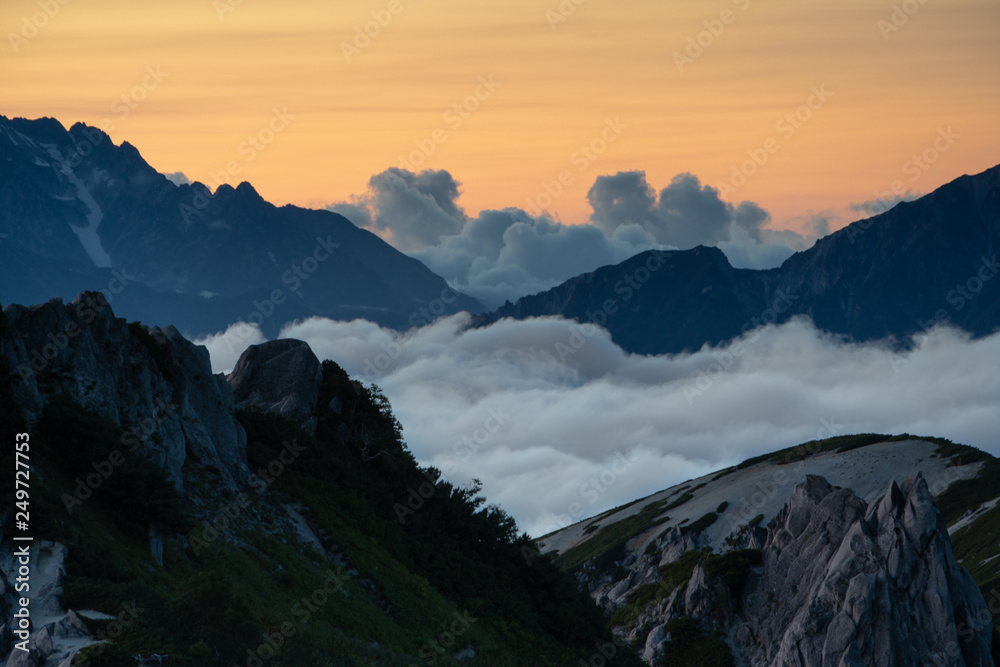Sunset at Mt Tsubakuro in the Japan alps with clouds