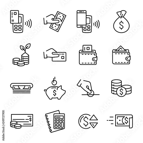 Simple set of linear money and finance vector icons. Contains such outline vector icons as money, wallet, contactless payment, hand with a coin and others