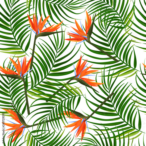 Tropical dark green leaves of palm trees and flowers bird of paradise strelitzia . Summer exotic seamless pattern.