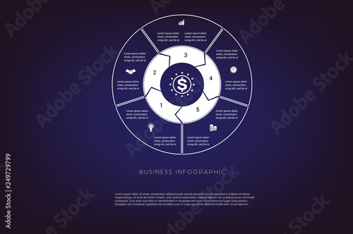 Area chart,ring chart, pie chart. Concept  illustration or background. Business infographic. Vector monochrome template 5 positions