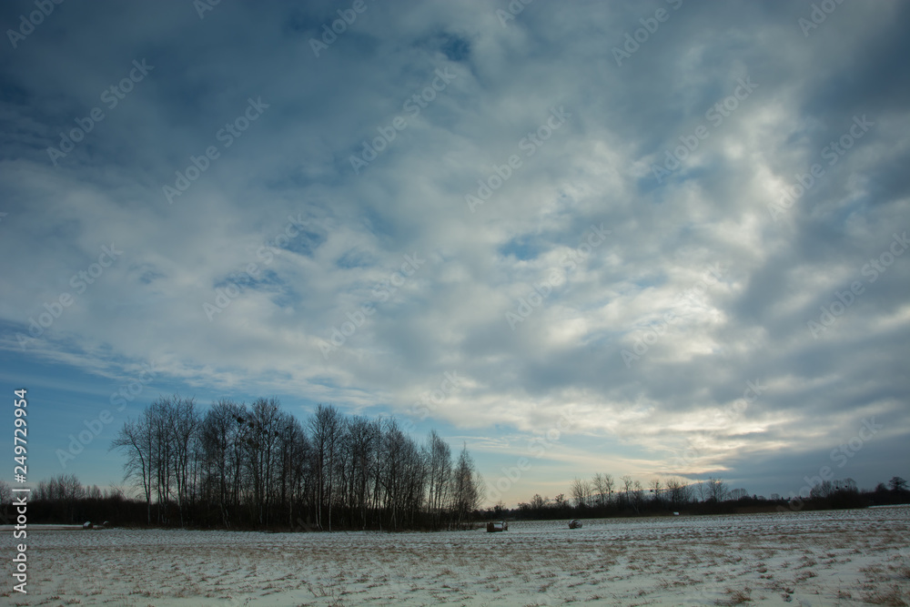 Snow-covered field, clouds and blue sky