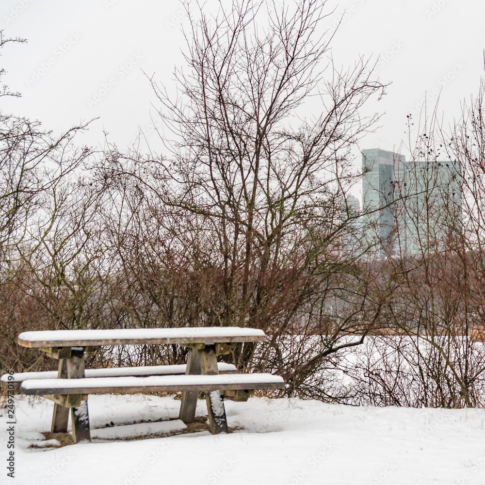 Snow covered park bench in the Recreational Area Wienerbergsee in front and the Vienna Twin Towers in the back,