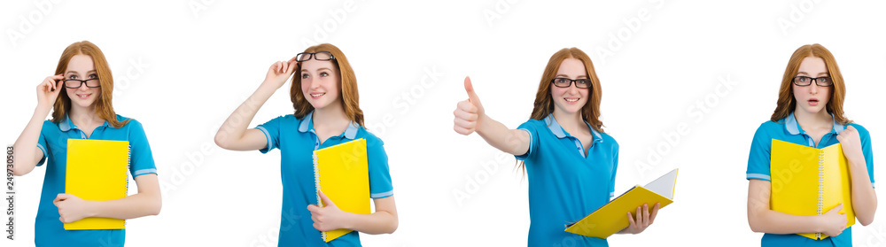 Female student with notes isolated on white Female student with notes isolated on white