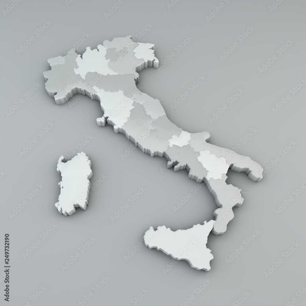 Map of Italy in 3d, division in regions and autonomous provinces. Trento and Bolzano. 3d rendering Map of Italy in 3d, division in regions and autonomous provinces. Trento and Bolzano. 3d rendering