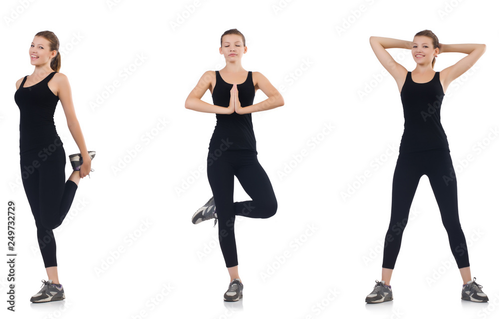 Young woman doing exercises isolated on white Young woman doing exercises isolated on white