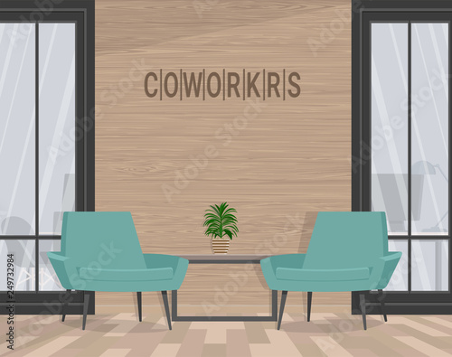 Two chairs on the background of a wooden wall. Vector flat illustration.