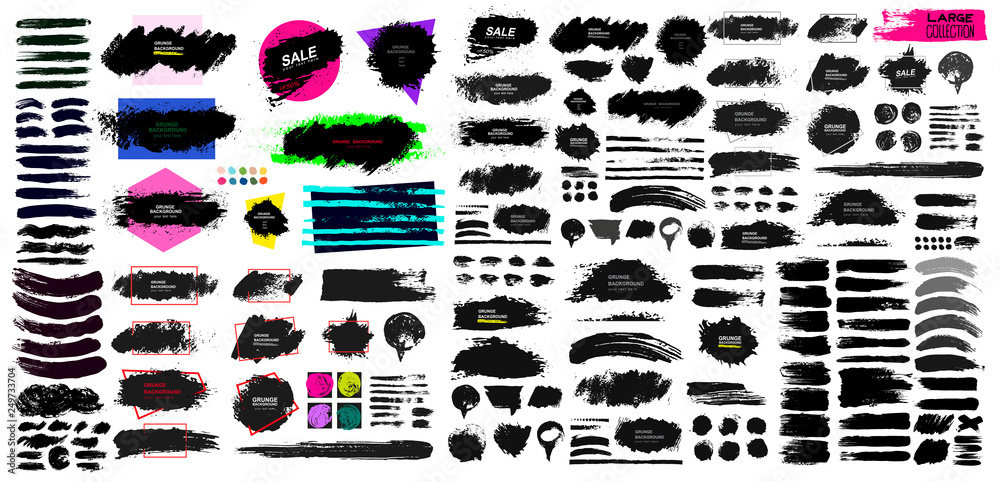 Set of black paint, ink brush, brush. Dirty element design, box, frame or background for text. Blank shapes for your design. Line or texture. Vector illustration. Isolated on white background.