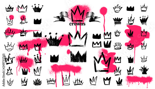 Mega Set of Crown logo graffiti icon. Black elements Freehand drawing. Vector illustration. Isolated on white background.