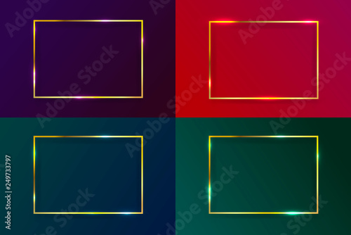 Set of gold shiny glowing vintage frames with shadows. Golden luxury realistic rectangle border. Wedding, mothers or Valentine's day concept. Vector illustration. Isolated on colorful background.