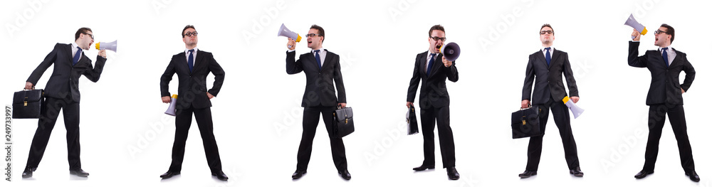 Fototapeta premium Male boss with megaphone isolated on white 