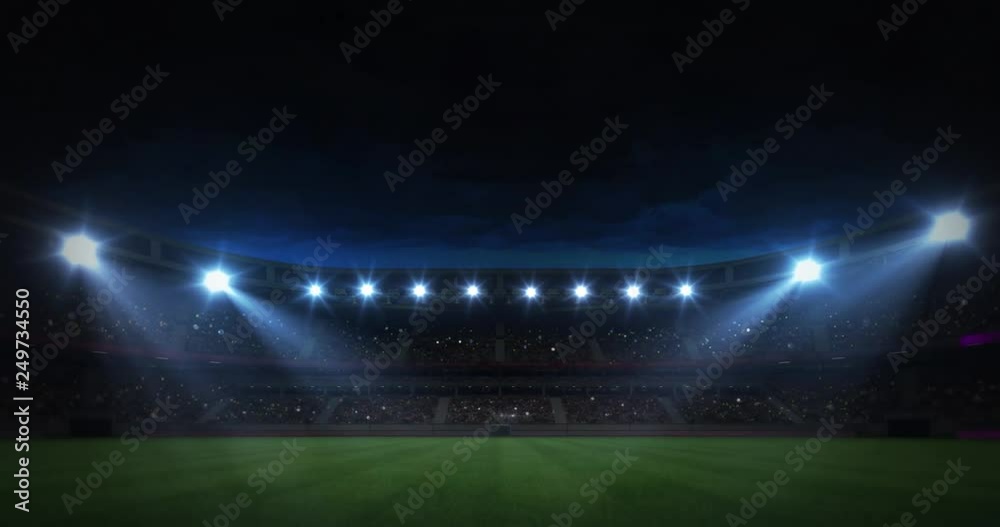 modern grass playground stadium evening floodlight illumination zoom out, football stadium sport advertisement background, 4K animation with black end