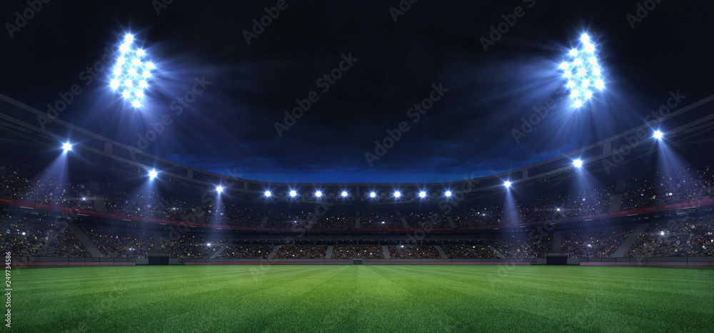 universal grass field stadium illuminated by spotlights and empty green ...