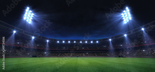 universal grass field stadium illuminated by spotlights and empty green grass playground  grand sport building digital 3D background advertisement background illustration