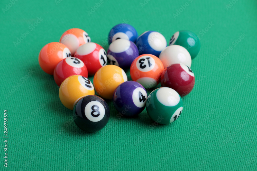 Billiard balls on a green table close-up Billiard balls on a green table close-up