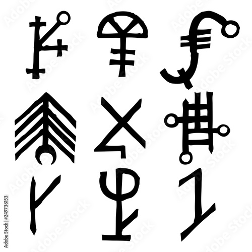 Set of Old Norse Scandinavian runes imaginary version. Runic alphabet symbols, futhark. Inspired by ancient occult symbols, vikings letters and runes. Vector.