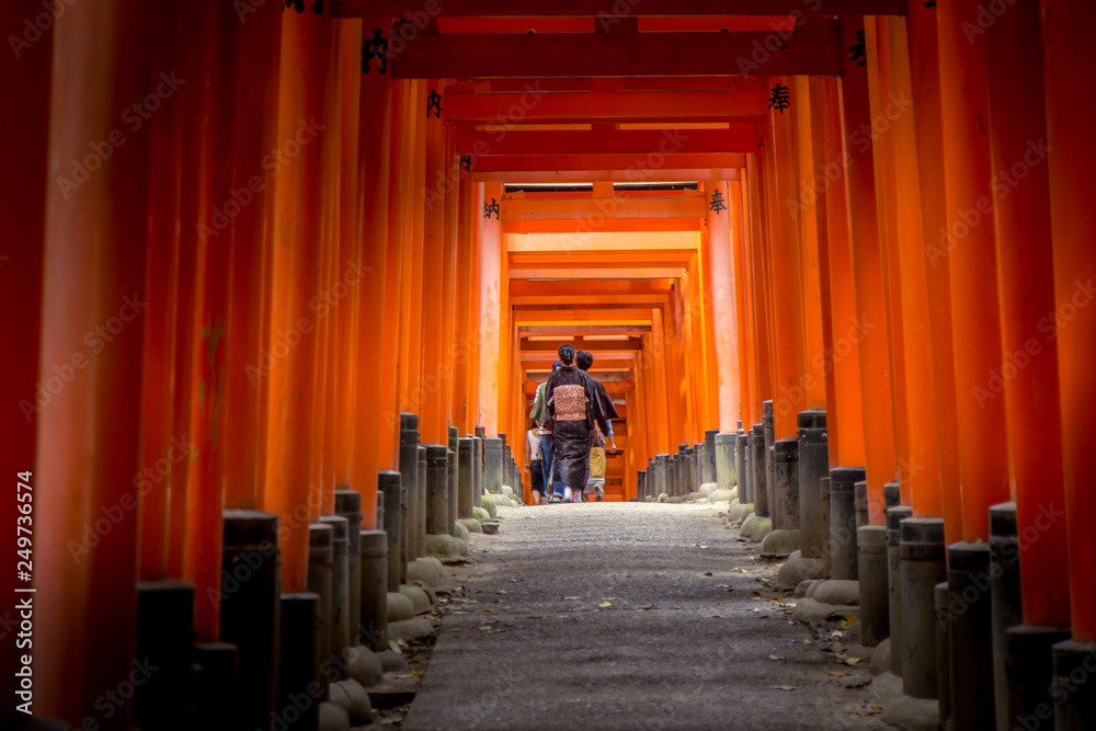 Walking the torri tunnel at shrine in japan Walking the torri tunnel at shrine in japan