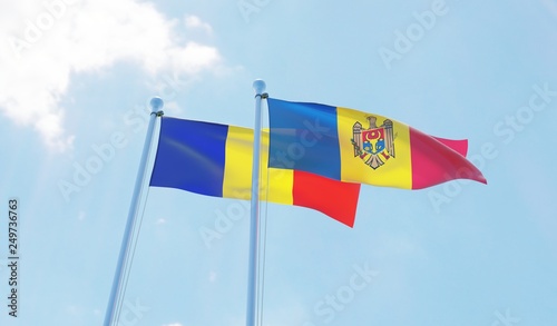 Moldova and Romania, two flags waving against blue sky. 3d image