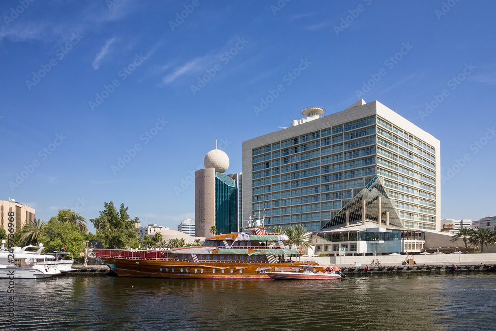 Dubai, UAE: Deira modern buildings canal view 