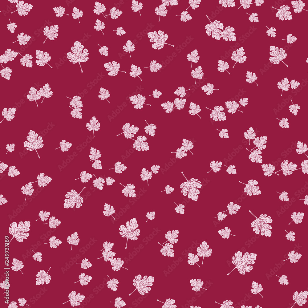 Illustration of seamless pattern with small leaves, Burgundy pattern background and white and pink leaves to decorate album, postcard or book background Illustration of seamless pattern with small leaves, Burgundy pattern background and white and pink leaves to decorate album, postcard or book background