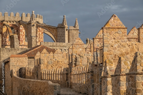 The Cathedral-fortress of Avila, Castile-Leon, Spain. Romanesque and Gothic styles. Its apse froms one of the turrets of the city walls.