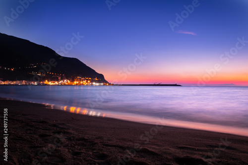 Sunset from a beach in Castellammare di Stabia and Mount Vesuvius and the Bay of Naples, Naples (Napoli), Italy, Europe