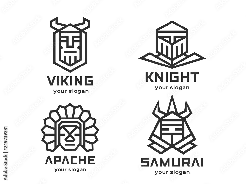 Set of 4 vector logos. Abstract warriors. Linear style. Black-and-white version on a light background.