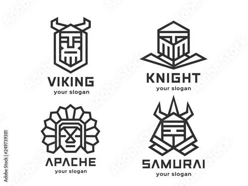 Set of 4 vector logos. Abstract warriors. Linear style. Black-and-white version on a light background.