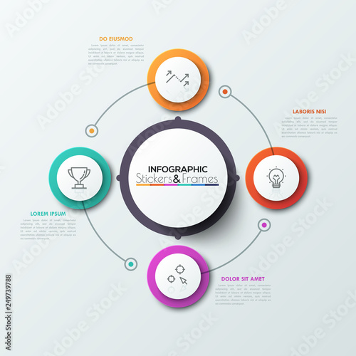 Four colorful circles with thin line symbols inside placed around central round element and connected. Cyclical business process concept. Realistic infographic design template. Vector illustration.