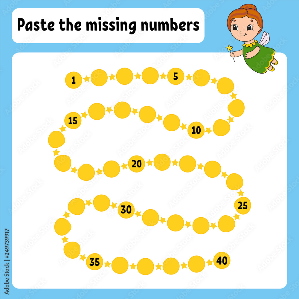 Paste the missing numbers. Handwriting practice. Learning numbers for kids. Education developing worksheet. Activity page. Game for children. Isolated vector illustration in cute cartoon style.