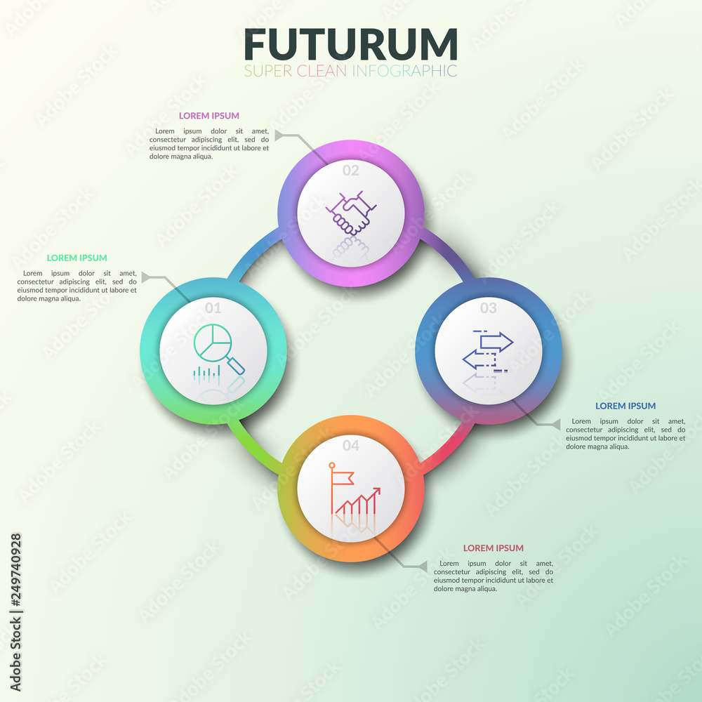 Circular diagram, 4 connected round gradient colored elements with numbers, thin line icons and text boxes. Super clean infographic design template. Vector illustration for report, banner, brochure. Circular diagram, 4 connected round gradient colored elements with numbers, thin line icons and text boxes. Super clean infographic design template. Vector illustration for report, banner, brochure.