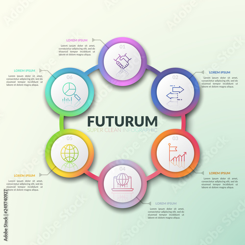Gradient colored round diagram with 6 interconnected circular elements, numbers and thin line pictograms inside them and text boxes. Super clean infographic design template. Vector illustration.