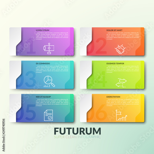 Six gradient colored rectangular elements with numbers, thin line icons and place for text inside, 6 numbered options or features. Creative infographic design layout. Vector illustration for website.