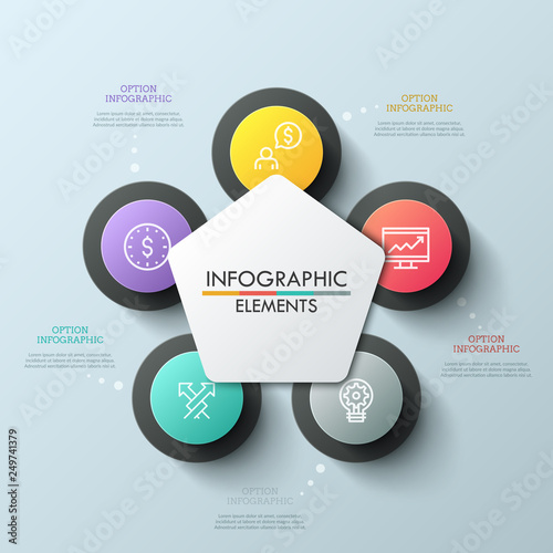 Flower petal diagram with 5 options. Thin line icons inside five round elements placed around white pentagon in center. Creative infographic design layout. Vector illustration for report, website.